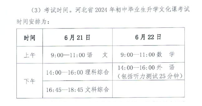 2024年河北省中考時間確定
